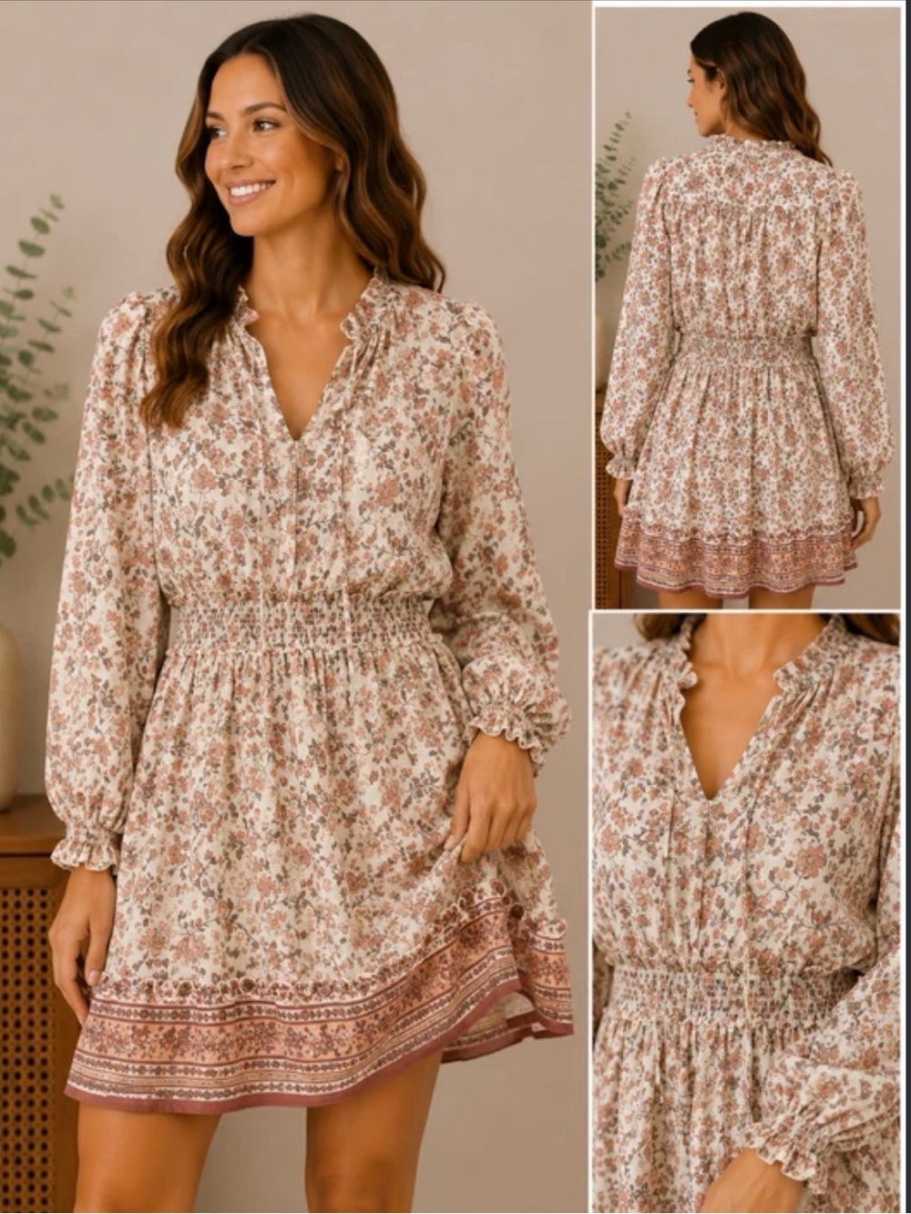 Blu Pepper Ivory & Terracotta Floral Smocked Boho Mini Dress - Large